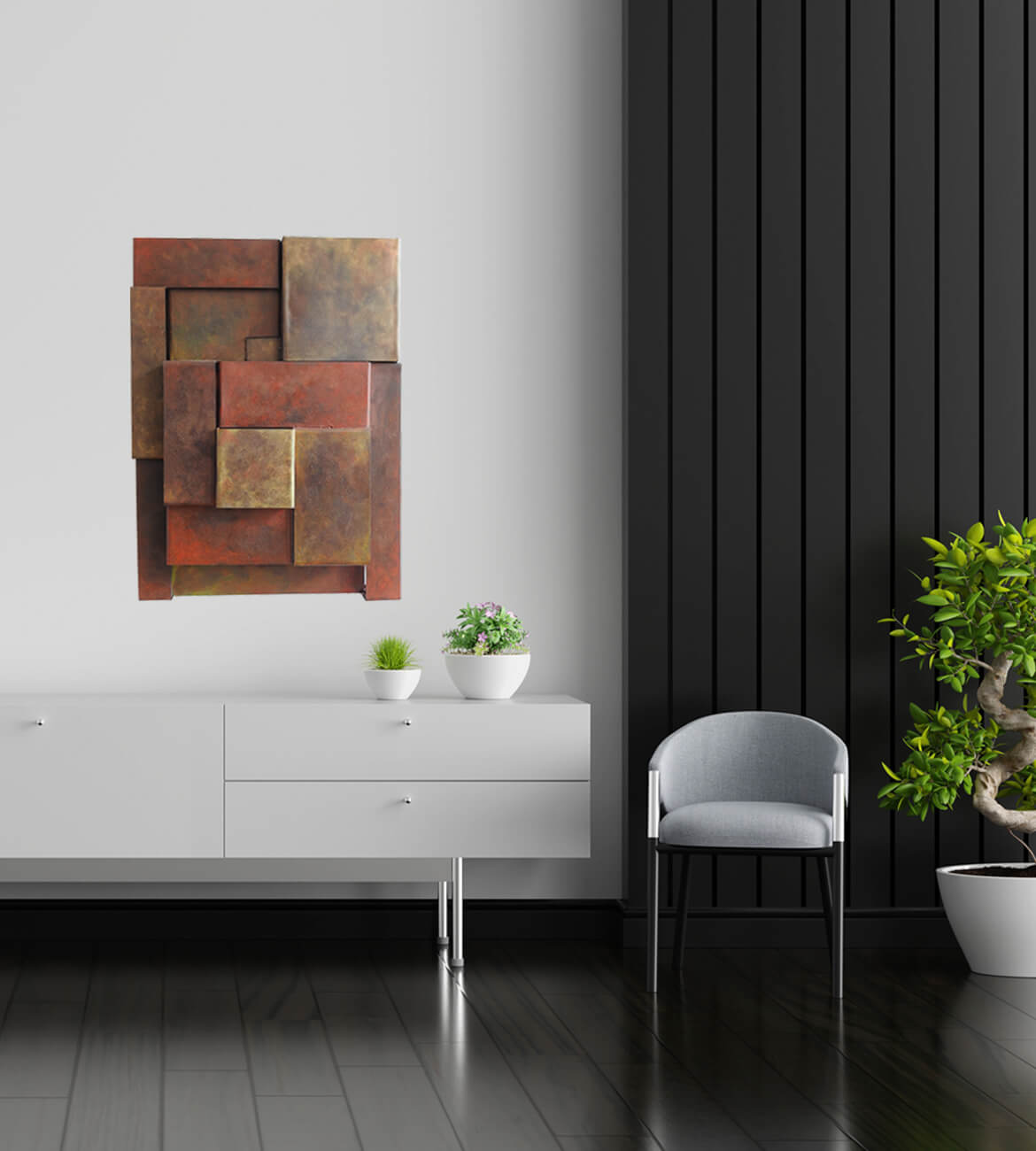 Chimenea Mondrian en sala de lujo - Diseño inspirado en el arte bogotano